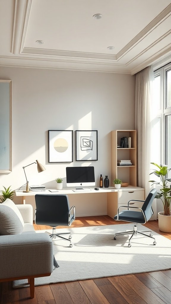A modern home office with a spacious desk, comfortable chairs, and plants, showcasing a blend of productivity and comfort.