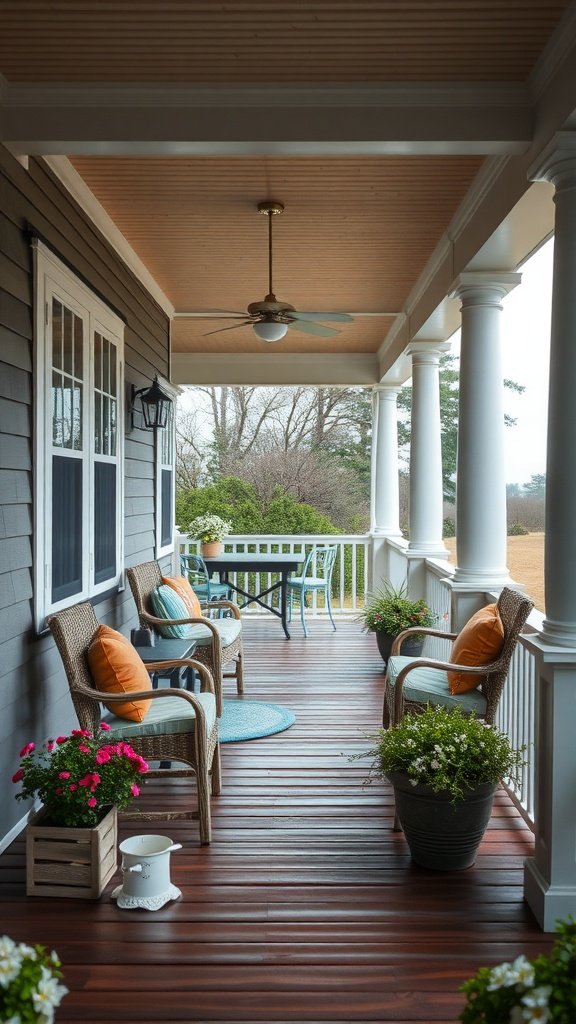 Cozy porch with wicker chairs, bright cushions, and potted flowers.