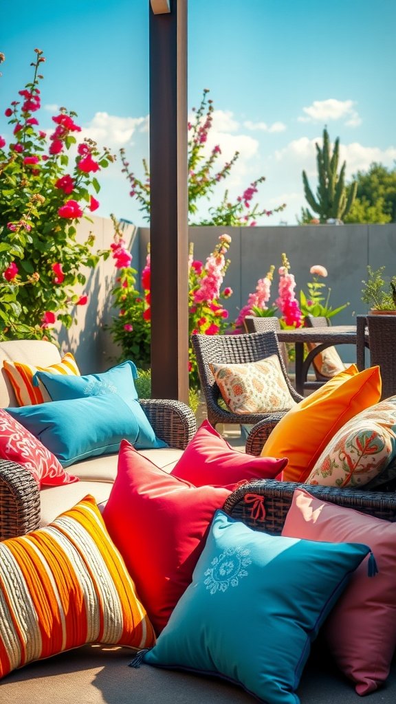 Colorful outdoor pillows on a patio with blooming flowers in the background