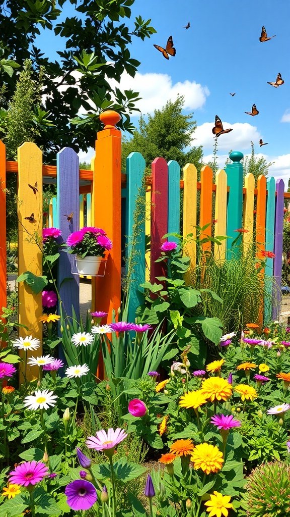 Colorful pallet fence surrounded by a vibrant flower garden with butterflies.