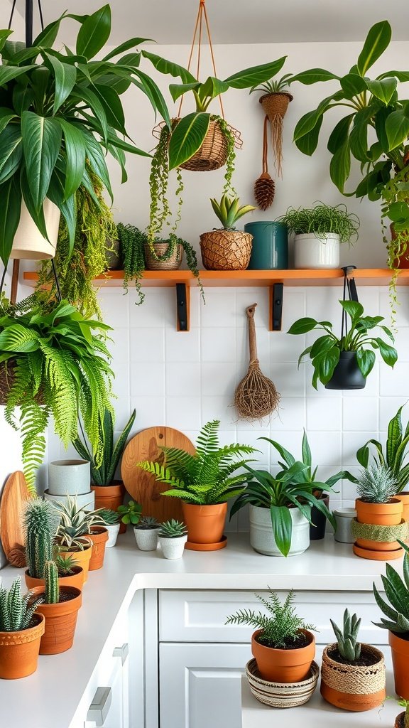 A vibrant Boho kitchen filled with various indoor plants in different pots, including hanging ferns and small succulents.