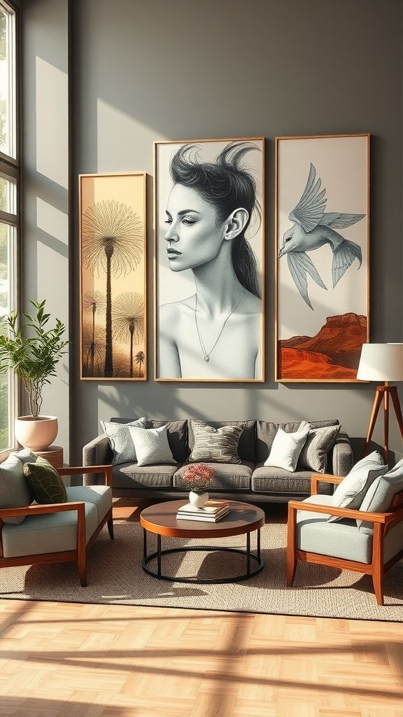 A stylish living room featuring unique artwork on the walls, showcasing a portrait and nature-themed pieces.