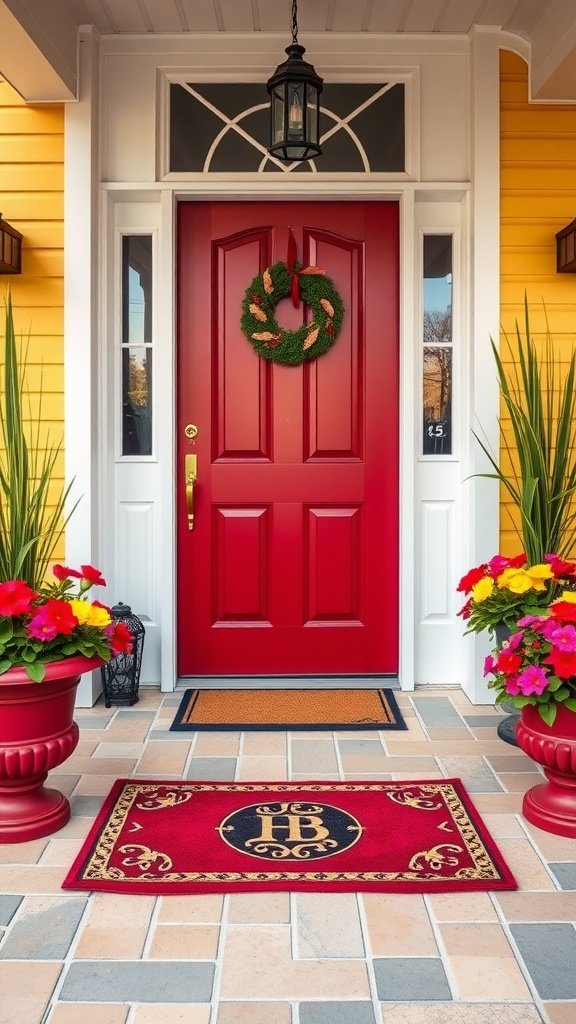 A small front porch with a vibrant red door mat, yellow walls, and colorful potted plants.