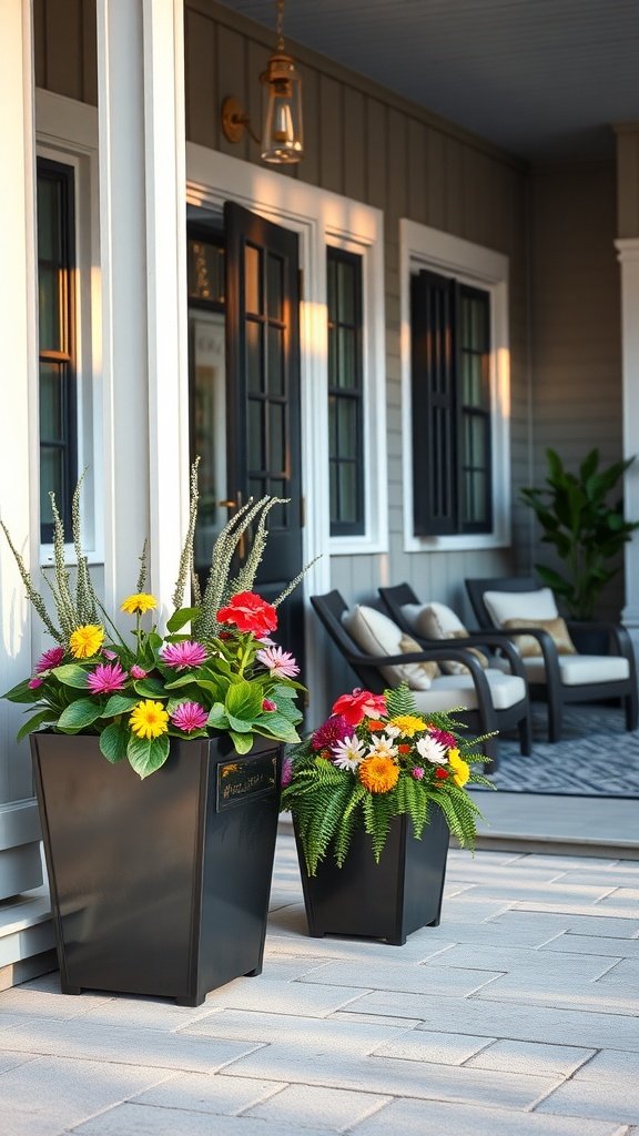 Stylish black metal planters with colorful flowers on a front porch