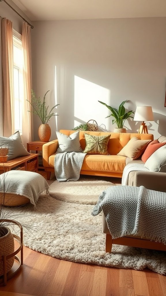 A cozy large living room with layered textures, featuring a soft orange sofa, decorative pillows, and warm lighting.