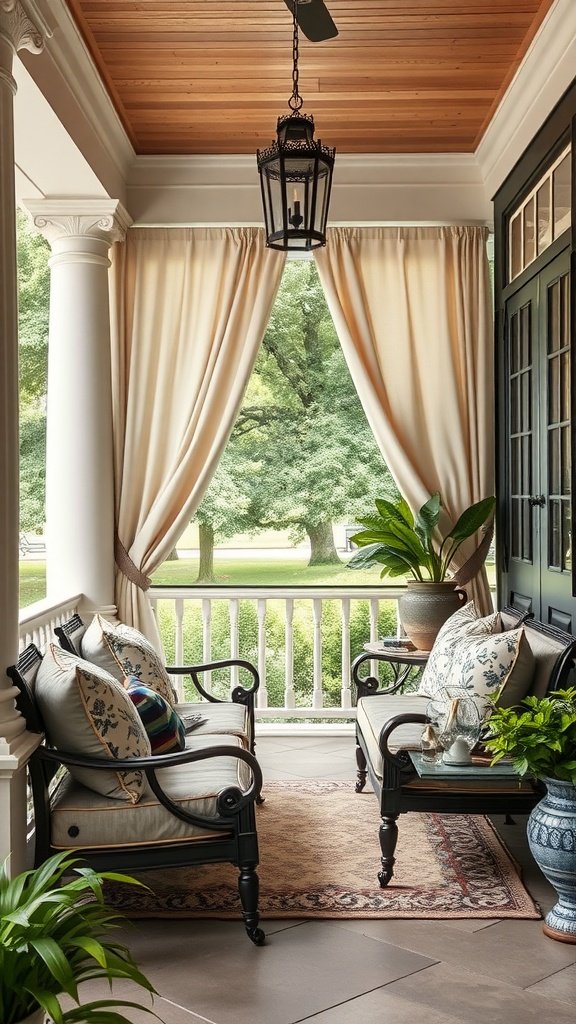 A beautifully decorated small front porch featuring elegant seating, outdoor fabrics, and lush plants.
