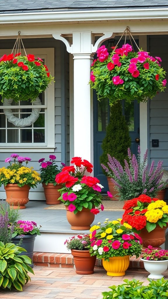 A beautiful porch with various colorful flower pots and hanging baskets.