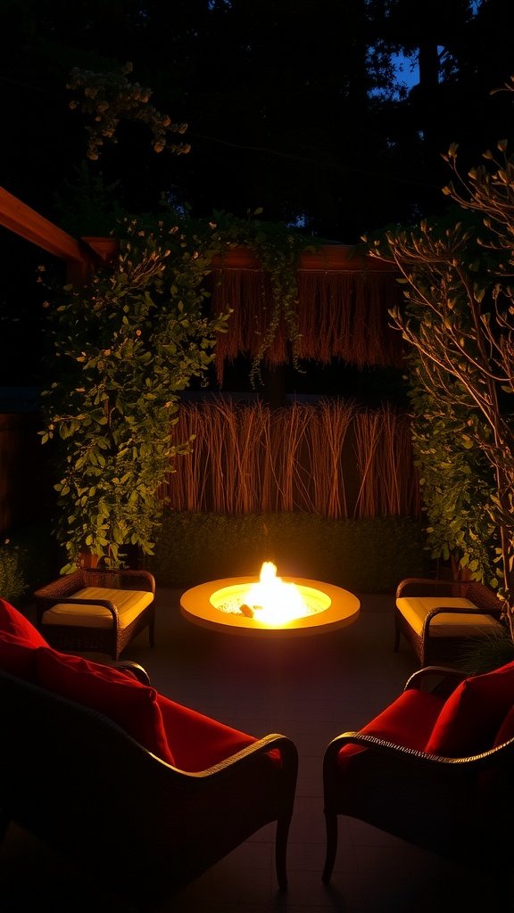 A cozy fire pit area surrounded by greenery, featuring comfortable seating and a warm flame.