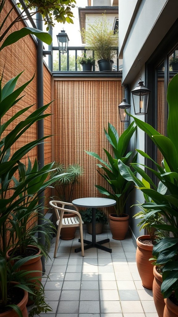 A small balcony with lush greenery providing privacy, featuring a table and potted plants.