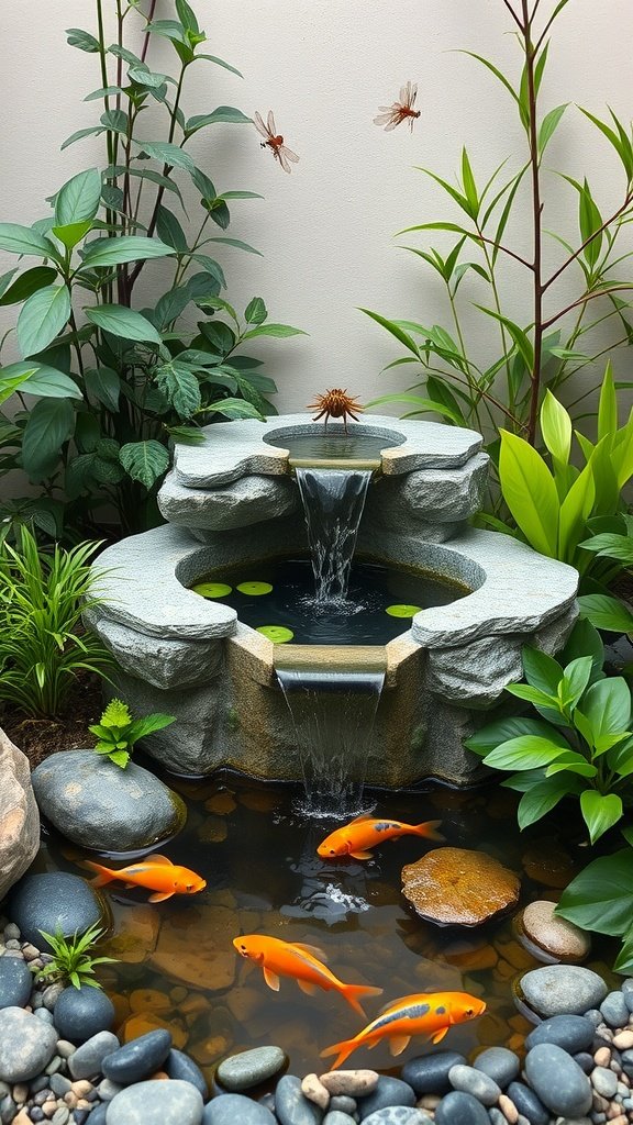 A small garden water feature with flowing water, surrounded by green plants and orange fish.