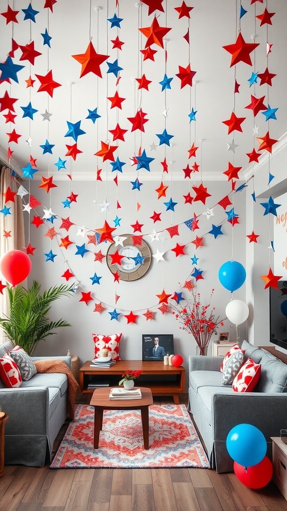 Living room decorated with red, white, and blue stars and balloons for Independence Day celebration.