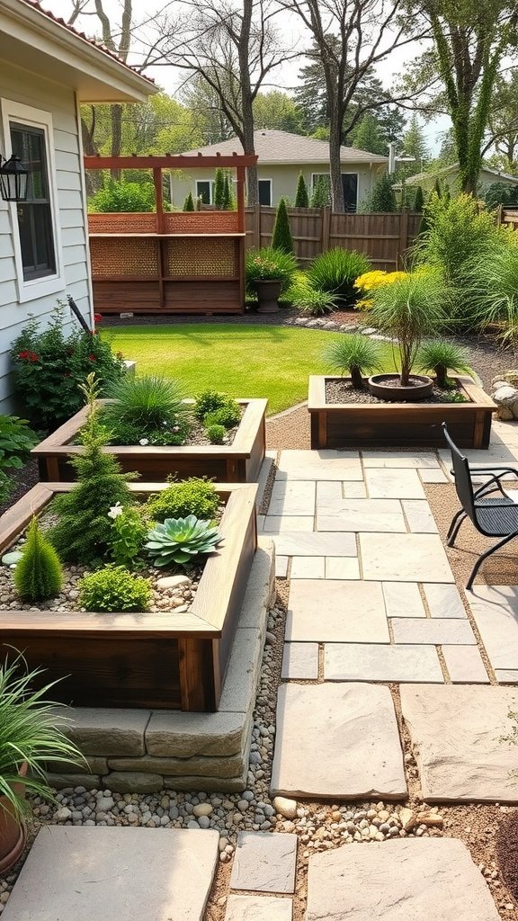 A well-designed outdoor space featuring raised garden beds filled with plants, surrounded by stone pathways and decorative elements.