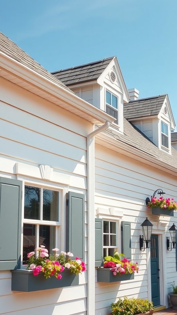 Beautiful exterior of a Cape Cod home featuring light siding, dormer windows, and flower-filled window boxes.