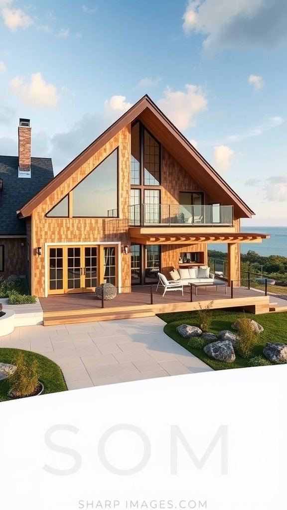 Modern luxury Cape Cod house with wooden exterior and large glass windows.
