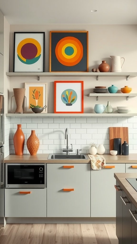 A mid-century modern kitchen featuring colorful art, pottery, and thoughtful decor elements.