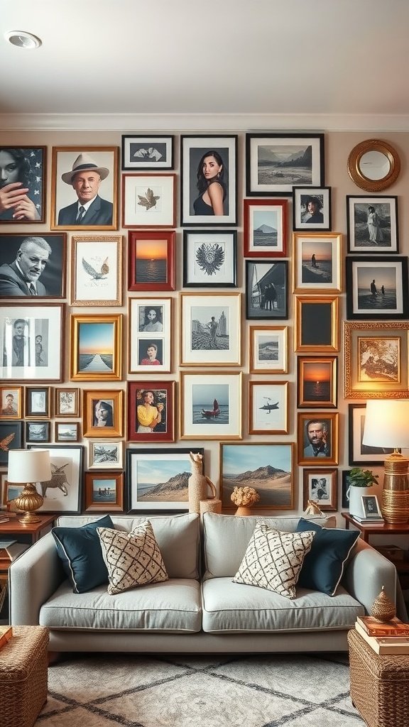 A cozy living room with a gallery wall filled with various framed artworks and photographs.