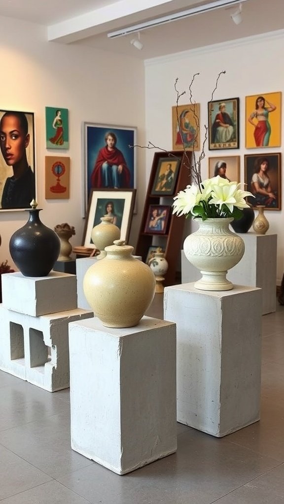 Artistic display of vases on cinder blocks in a gallery setting.