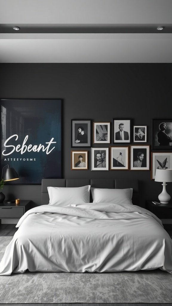 A dark nature aesthetic bedroom featuring various art pieces on a black wall.
