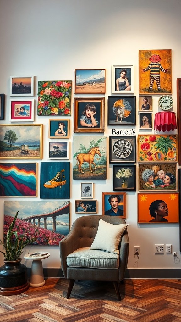 A vibrant photo wall featuring a mix of paintings and photographs in various frames.