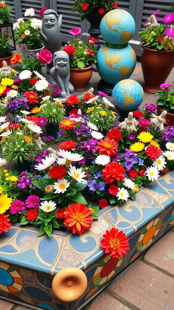 Flower bed with colorful mosaic edging and vibrant flowers.