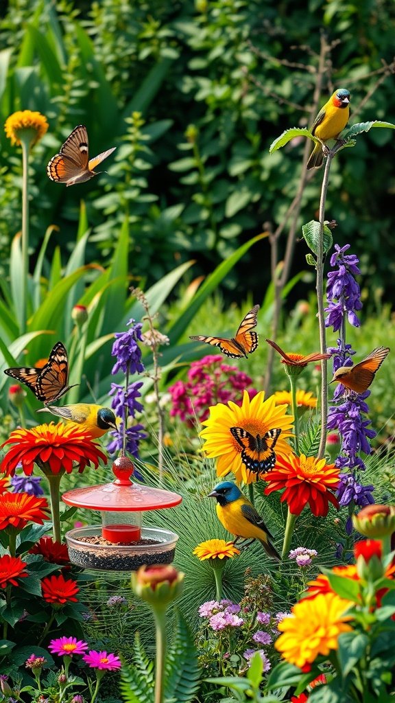 A colorful garden filled with flowers, butterflies, and birds, showcasing a vibrant wildlife scene.