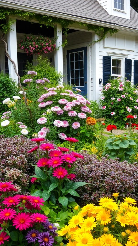 A colorful garden featuring pink, yellow, and purple flowers with a white Cape Cod style house in the background.