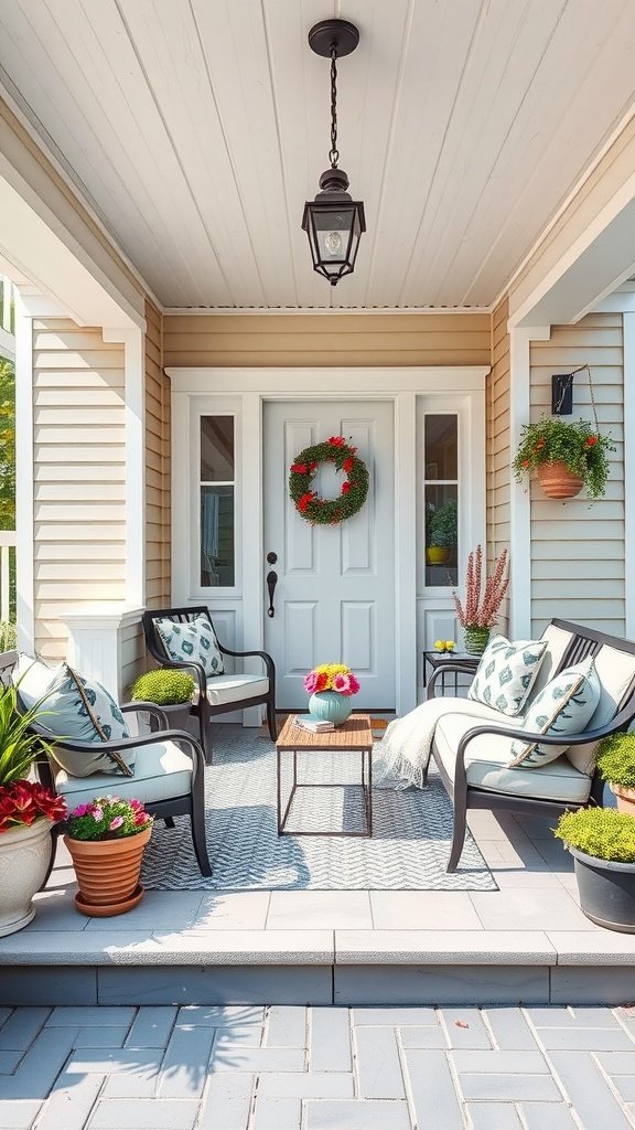 A decorated front porch with cozy seating, potted plants, and a welcoming wreath on the door.