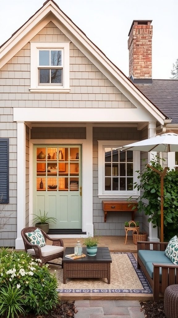 A cozy cape cod house exterior with a mint green door, gray shingles, and a welcoming patio area.
