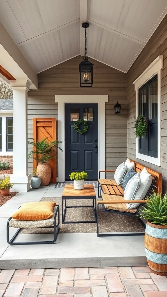 A stylish farmhouse front porch featuring modern furniture and rustic elements.
