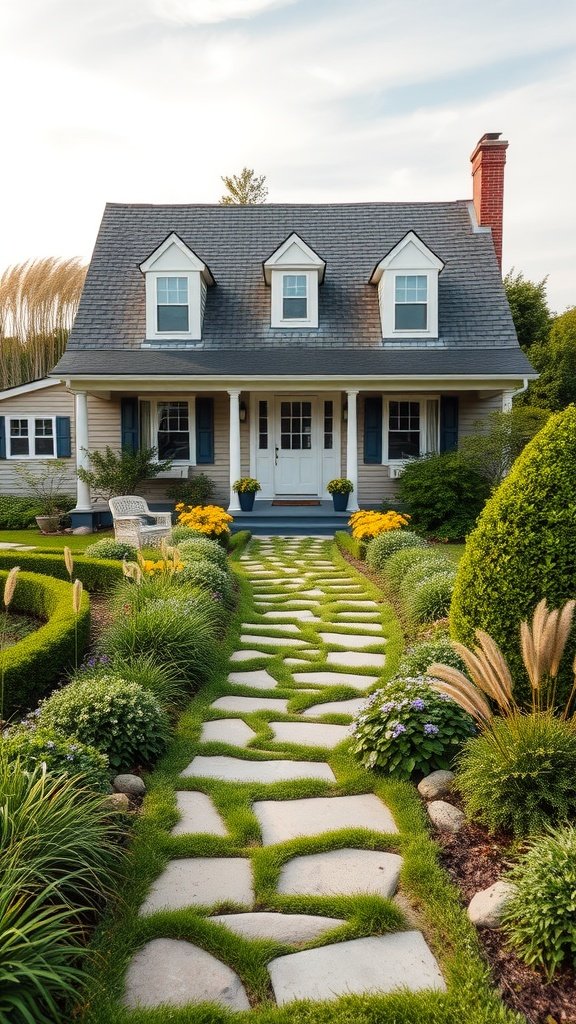 Beautiful Cape Cod house with a cozy porch and landscaped garden path