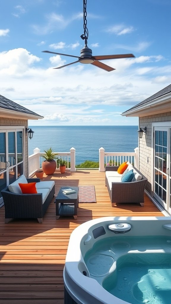Luxury outdoor deck with seating and hot tub overlooking the ocean