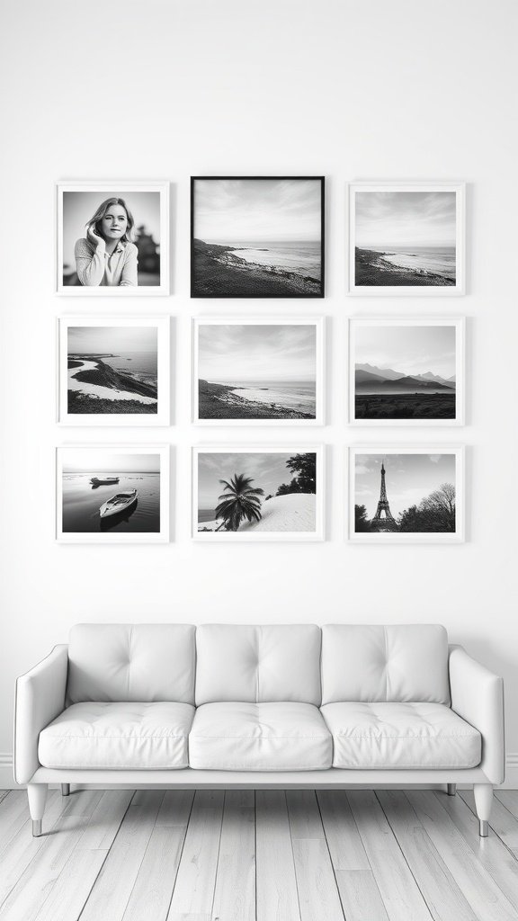 A black and white photo wall with a mix of portraits and landscapes above a white couch.