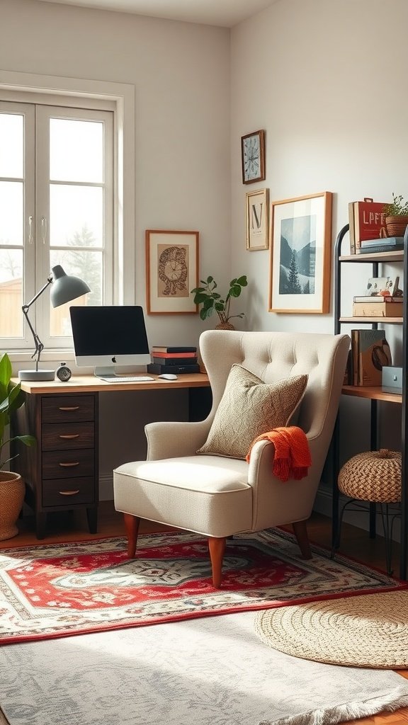 Cozy home office with a plush armchair, desk, and natural light.