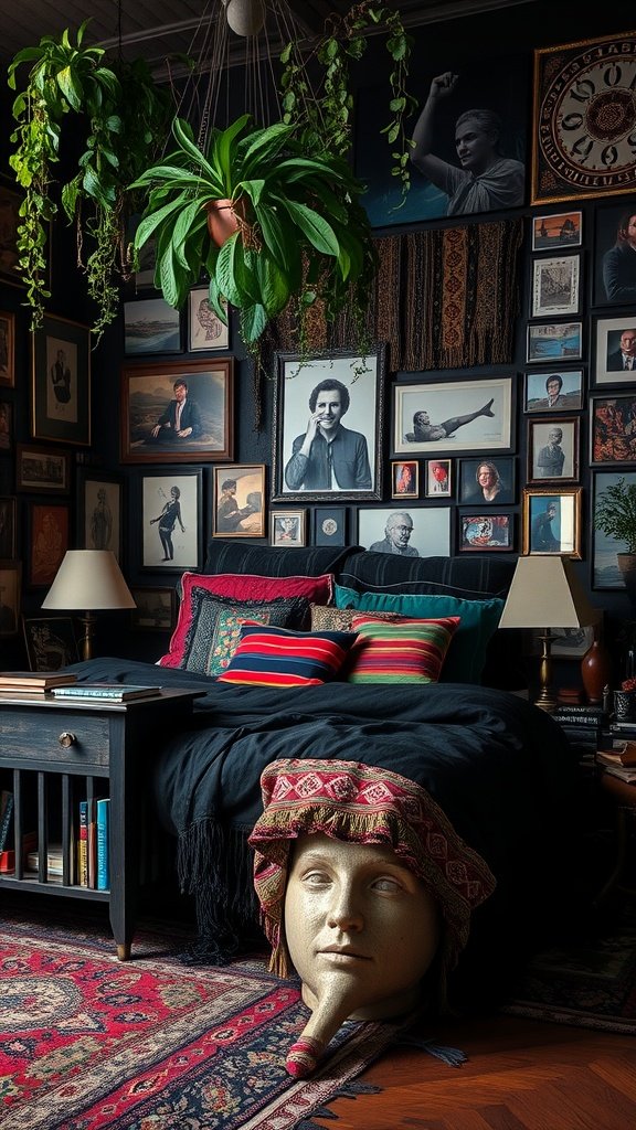 A dark nature aesthetic bedroom featuring a mix of framed photos, a large hanging plant, colorful pillows on a black bed, and an artistic sculpture.