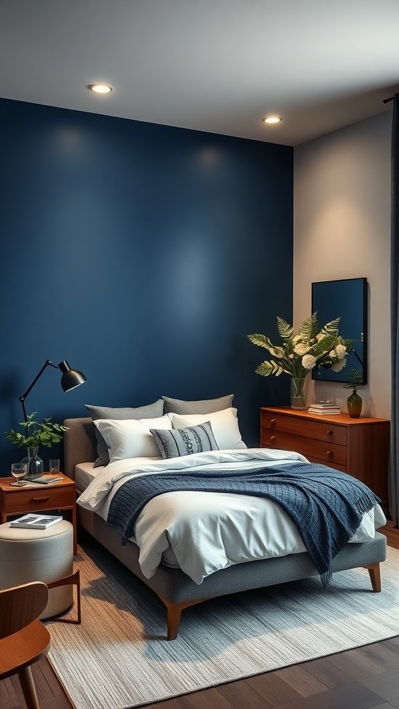 A small bedroom featuring a deep blue accent wall, a cozy bed with white linens, and wooden furniture.