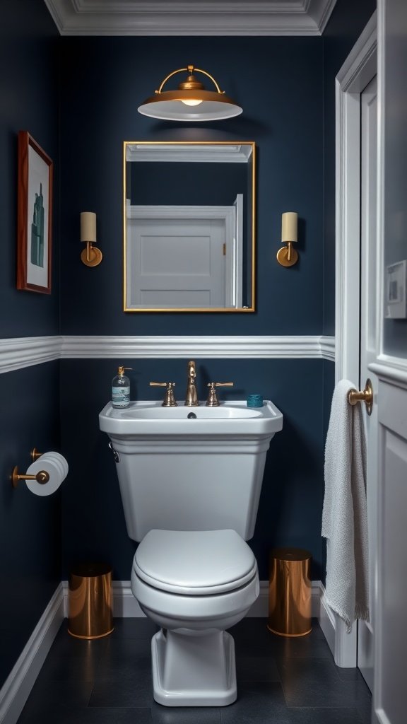 Small bathroom with dark blue walls, gold fixtures, and white accents.