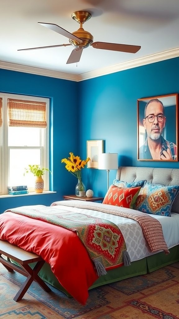 A bright guest bedroom with blue walls, colorful bedding, and sunflowers in a vase.
