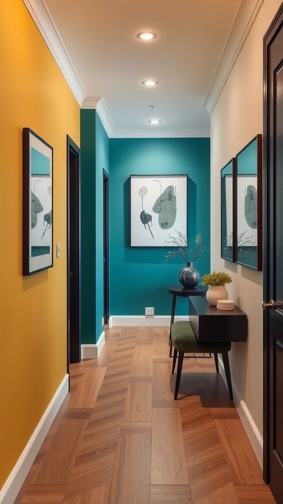 A hallway featuring vibrant yellow and teal walls, framed mirrors, and stylish decor.