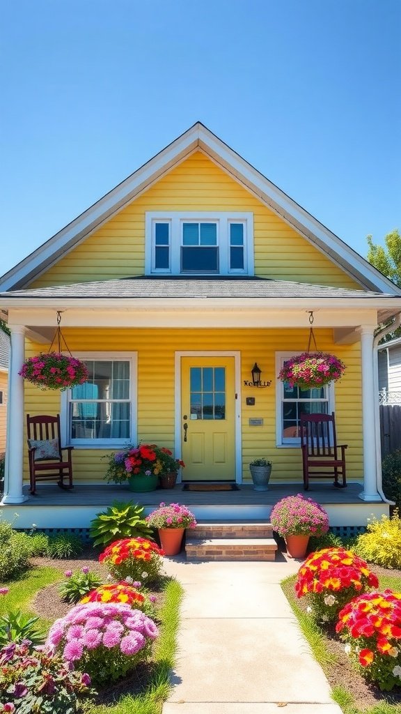 A charming yellow Cape Cod house with colorful flowers in front.