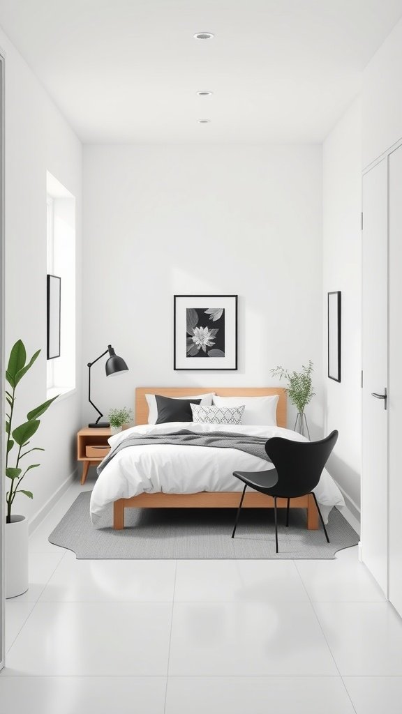 A bright, minimalist small bedroom with white walls, wooden bed, and modern decor.