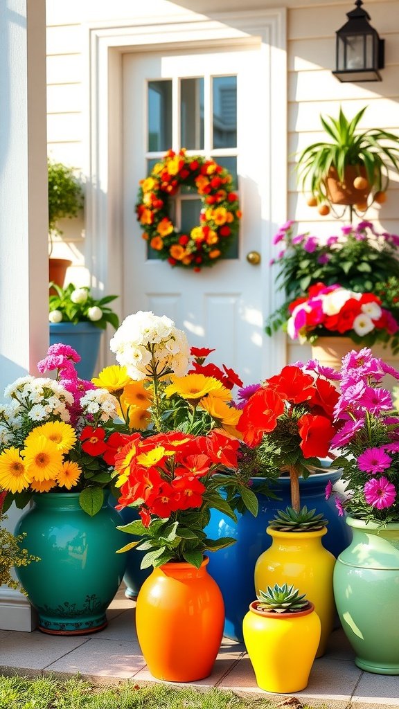 Colorful ceramic planters filled with flowers on a front porch