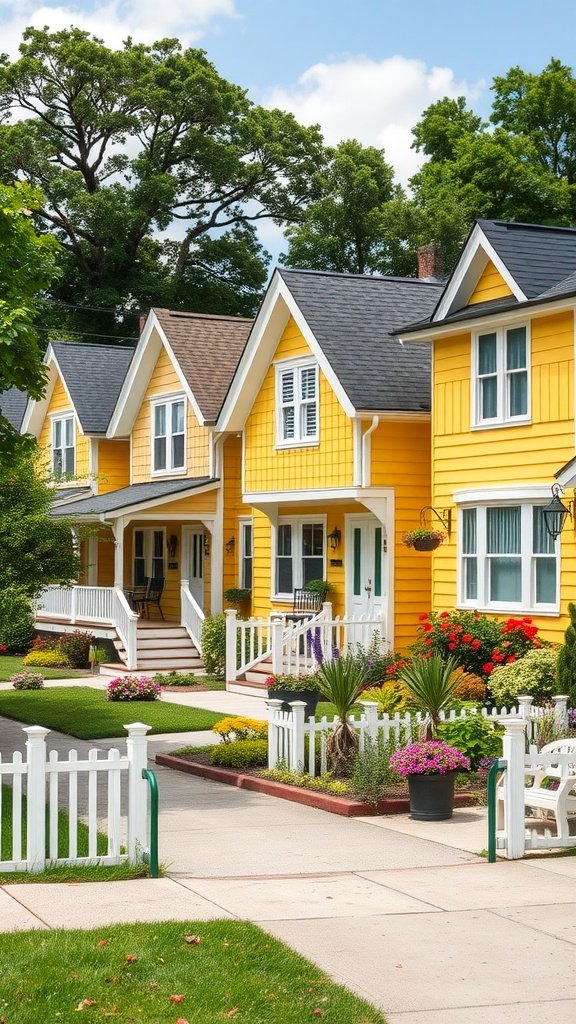 A row of bright yellow Cape Cod houses with white picket fences and colorful flower beds.