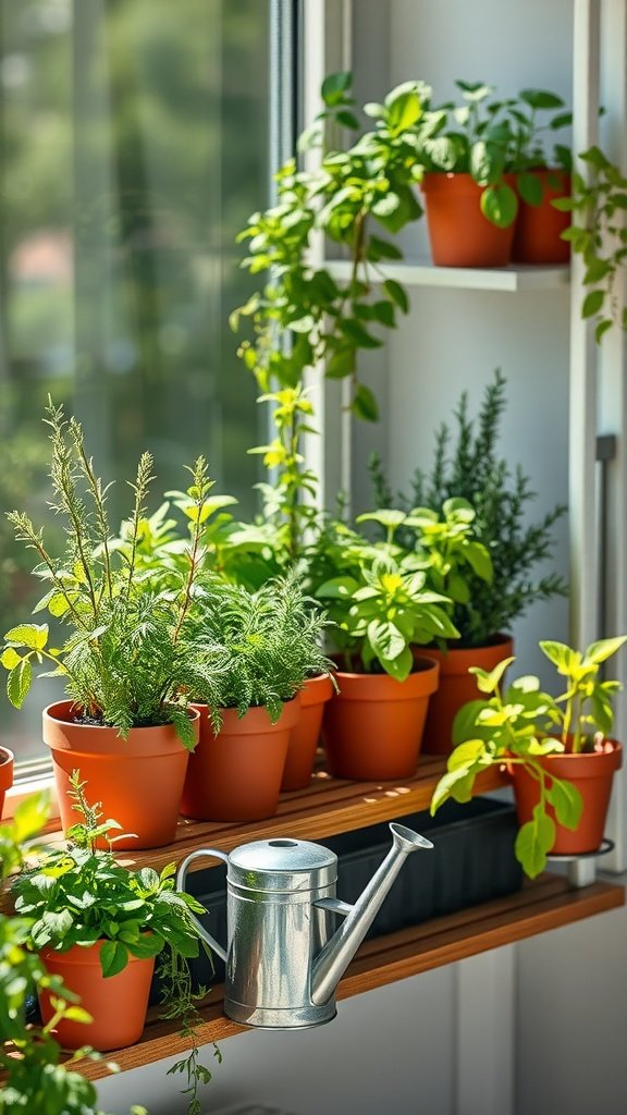 A small balcony with terracotta pots filled with herbs and a watering can.
