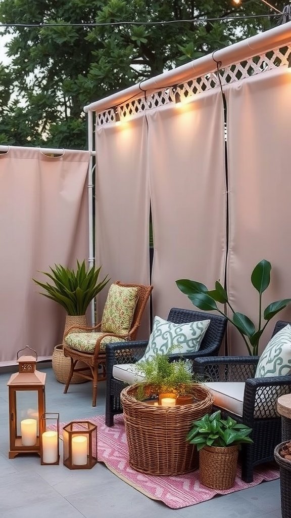 Cozy outdoor seating area with fabric panels for privacy, plants, and decorative lighting.