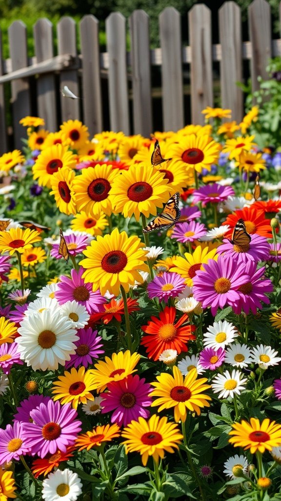 A colorful flower bed with sunflowers, daisies, and butterflies, showcasing a vibrant hippie garden.