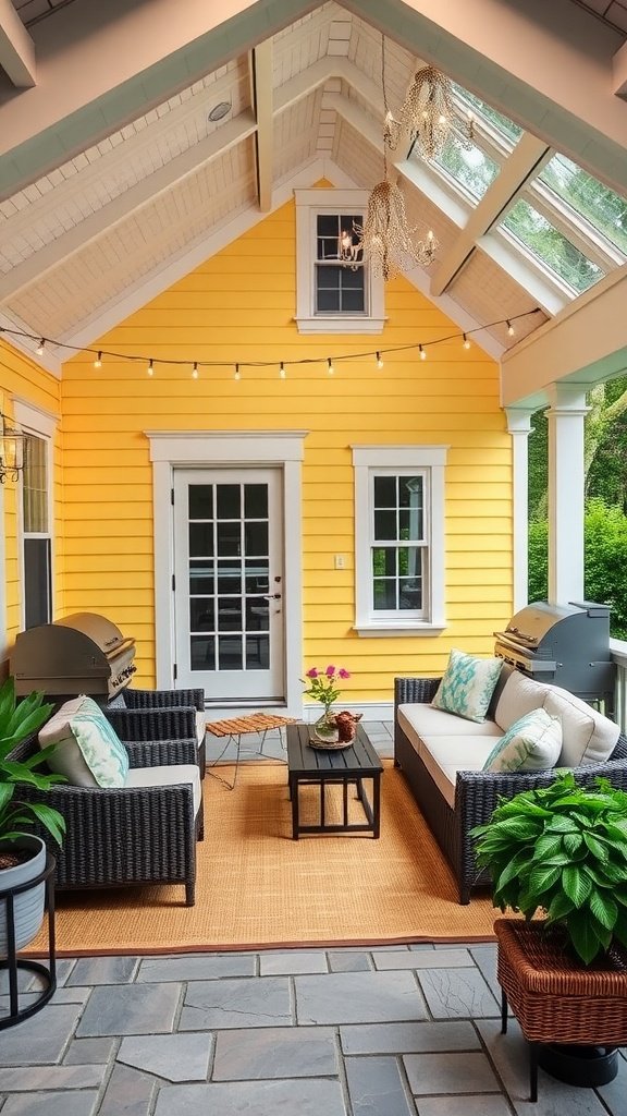Charming outdoor living space featuring a yellow Cape Cod house with comfortable seating, potted plants, and grills.