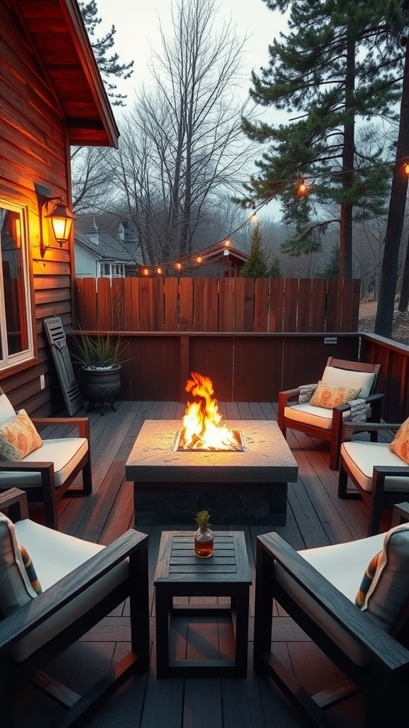 Cozy fire pit area on a deck with seating and soft lighting.