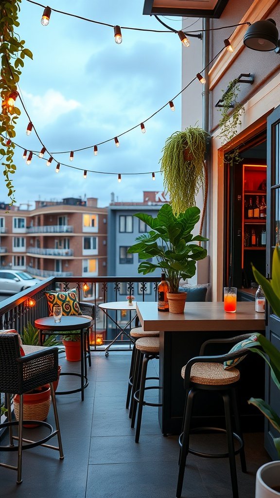 A small balcony featuring a bar setup with high stools, string lights, and plants.