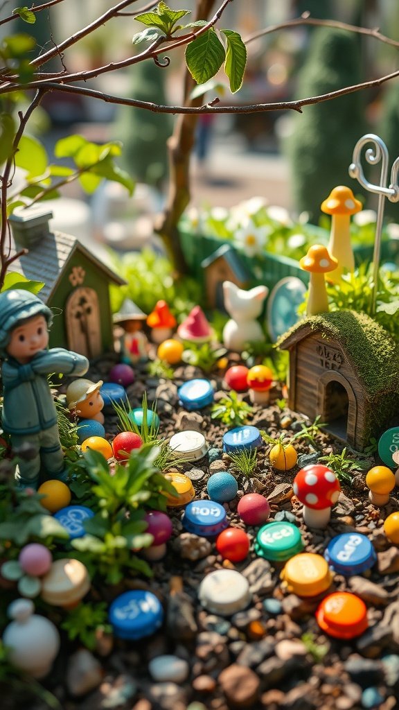 A colorful fairy garden with tiny houses, vibrant decorations, and playful figures surrounded by greenery.
