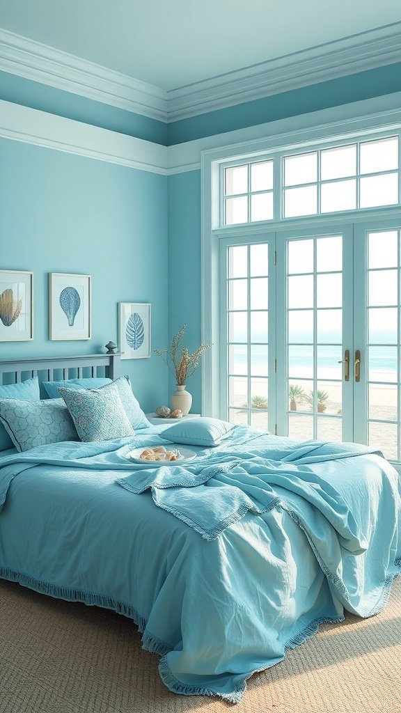 A serene bedroom painted in soothing blue tones with a beach view.